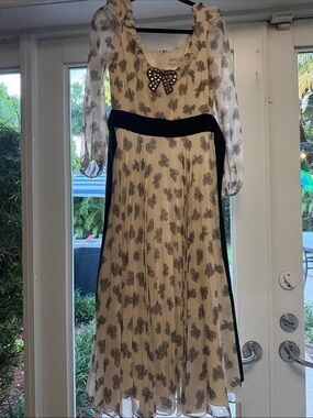 SALONI Cream Dress with Black Print and Bow Detail